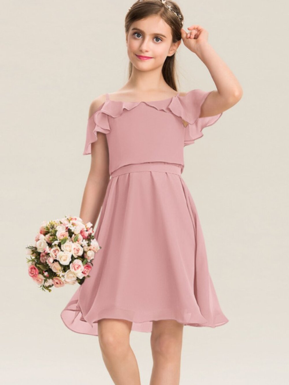 JJ's House Yelena Junior Blush A-line Bow Chiffon Dress J10